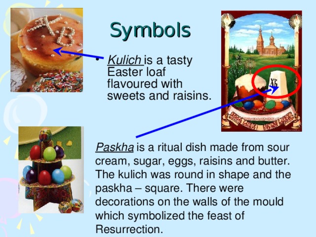 People go to church and consecrate the kulich and paskha. The joyous Easter feast continues for the whole week . People congratulate and kiss one another, go to each other’s houses and exchange gifts.