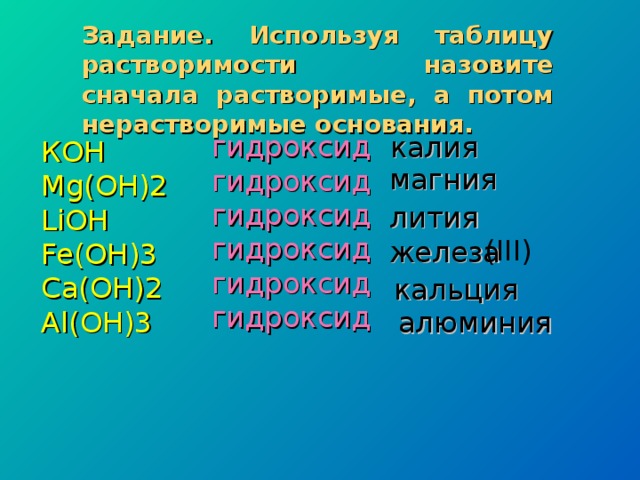 Fe oh 2 растворимое основание. Гидроксиды основания Fe 3. Fe Oh 3 какое основание растворимое или нерастворимое. Назовите следующие гидроксиды MG Oh 2 Fe Oh 3 ZN Oh 2 MN Oh 2. Назовите следующие гидроксиды MG Oh 2.