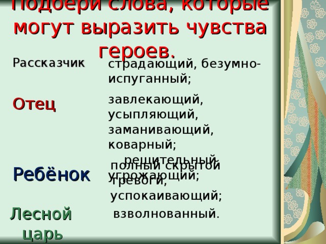 Драматические образы в музыке. Лесной царь рассказчик. Выразить словами описание чувств героем. Чувства и эмоции песни Лесной царь. Баллада Лесной царь таблица предметы образы чувства.