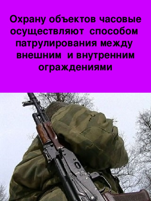 Охрану объектов часовые осуществляют способом патрулирования между внешним и внутренним ограждениями