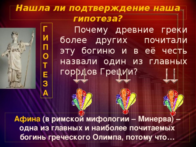 Нашла ли подтверждение наша гипотеза? Г  Почему древние греки более других почитали эту богиню и в её честь назвали один из главных городов Греции? И П О Т Е З А Афина (в римской мифологии – Минерва) – одна из главных и наиболее почитаемых богинь греческого Олимпа, потому что…