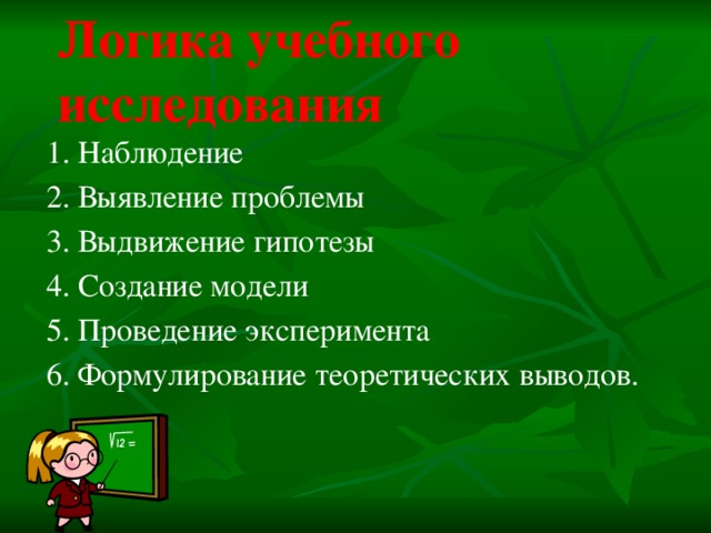 Логика учебного исследования 1. Наблюдение 2. Выявление проблемы 3. Выдвижение гипотезы 4. Создание модели 5. Проведение эксперимента 6. Формулирование теоретических выводов.