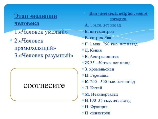 Вид человека, возраст, место находки А . 1 млн. лет назад Б . питекантроп В. остров Ява Г . 1 млн. 750 тыс. лет назад Д . Кения Е. Австралопитек Ж .35 –50 тыс. лет назад З . кроманьонец И . Германия К . 200 –500 тыс. лет назад Л . Китай М . Неандерталец Н .100–35 тыс. лет назад О . Франция П . синантроп Этап эволюции человека 1.«Человек умелый» 2.«Человек прямоходящий» 3.«Человек разумный» соотнесите 