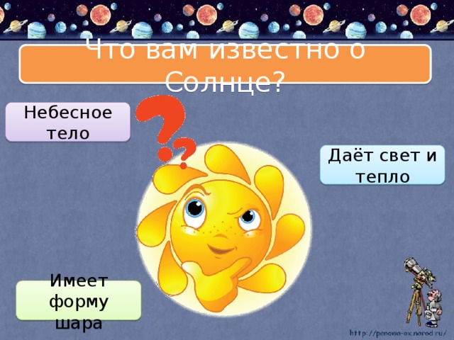 Что вам известно о Солнце? Небесное тело Даёт свет и тепло Имеет форму шара