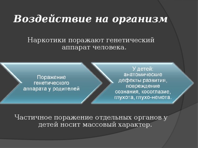 Воздействие на организм Наркотики поражают генетический аппарат человека. Частичное поражение отдельных органов у детей носит массовый характер.