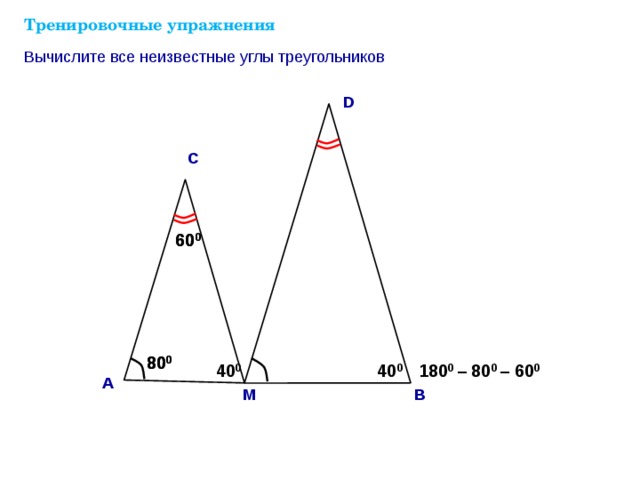 Тренировочные упражнения Вычислите все неизвестные углы треугольников D С 60 0 60 0 Саврасова С.М., Ястребинецкий Г.А. «Упражнения по планиметрии на готовых чертежах» 80 0 80 0 180 0 – 80 0 – 60 0 40 0 40 0 А В М