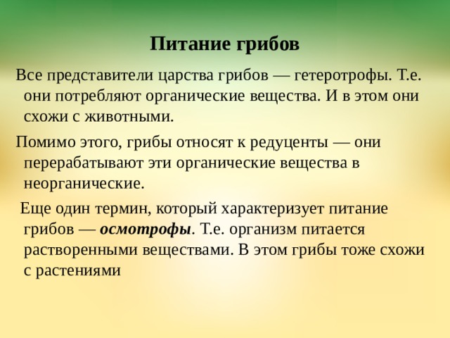 Питание грибов Все представители царства грибов — гетеротрофы. Т.е. они потребляют органические вещества. И в этом они схожи с животными. Помимо этого, грибы относят к редуценты — они перерабатывают эти органические вещества в неорганические.   Еще один термин, который характеризует питание грибов —  осмотрофы . Т.е. организм питается растворенными веществами. В этом грибы тоже схожи с растениями