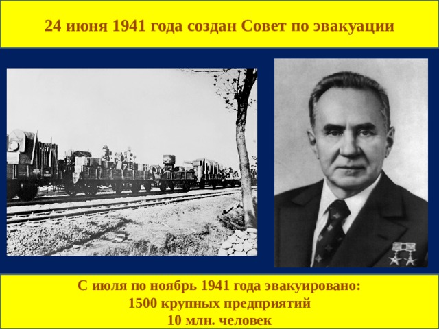 24 июня 1941 года создан Совет по эвакуации С июля по ноябрь 1941 года эвакуировано: 1500 крупных предприятий 10 млн. человек