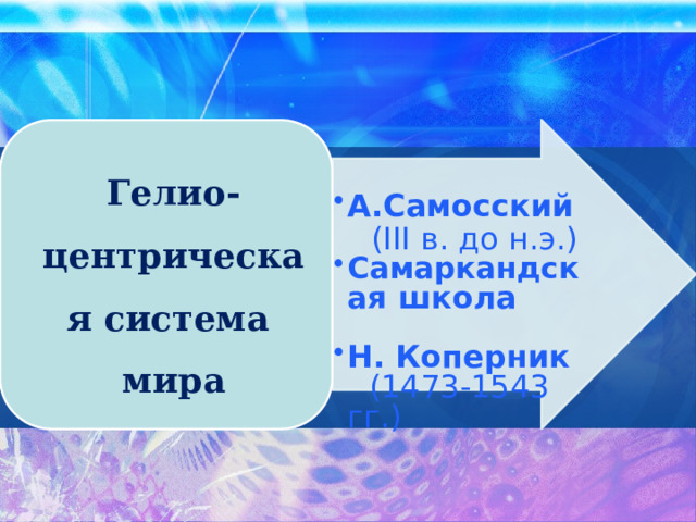 А.Самосский  (III в. до н.э.) Самаркандска я школа Н. Коперник (1473-1543 гг.) А.Самосский  (III в. до н.э.) Самаркандска я школа Н. Коперник (1473-1543 гг.)