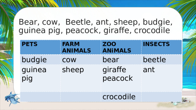 Bear, cow, Beetle, ant, sheep, budgie, guinea pig, peacock, giraffe, crocodile PETS FARM ANIMALS budgie cow ZOO ANiMALS guinea pig INSECTS bear sheep beetle giraffe peacock ant crocodile