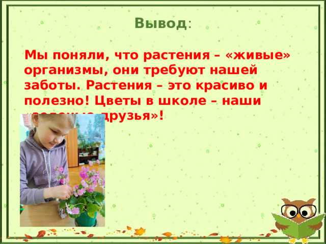 Вывод :   Мы поняли, что растения – «живые» организмы, они требуют нашей заботы. Растения – это красиво и полезно! Цветы в школе – наши «зеленые друзья»!  