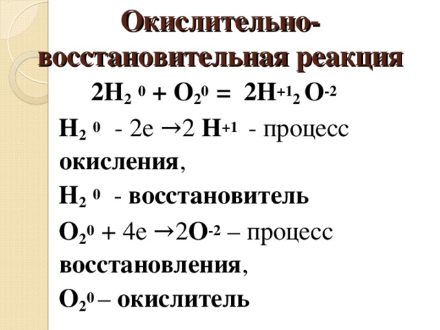 Окислительно-восстановительная реакция  2Н 2  0 + O 2 0  = 2Н +1 2 O -2  Н 2  0   - 2е →2 Н +1  - процесс окисления ,  Н 2  0  - восстановитель  O 2 0 + 4е →2 О -2 – процесс восстановления ,  O 2 0  – окислитель